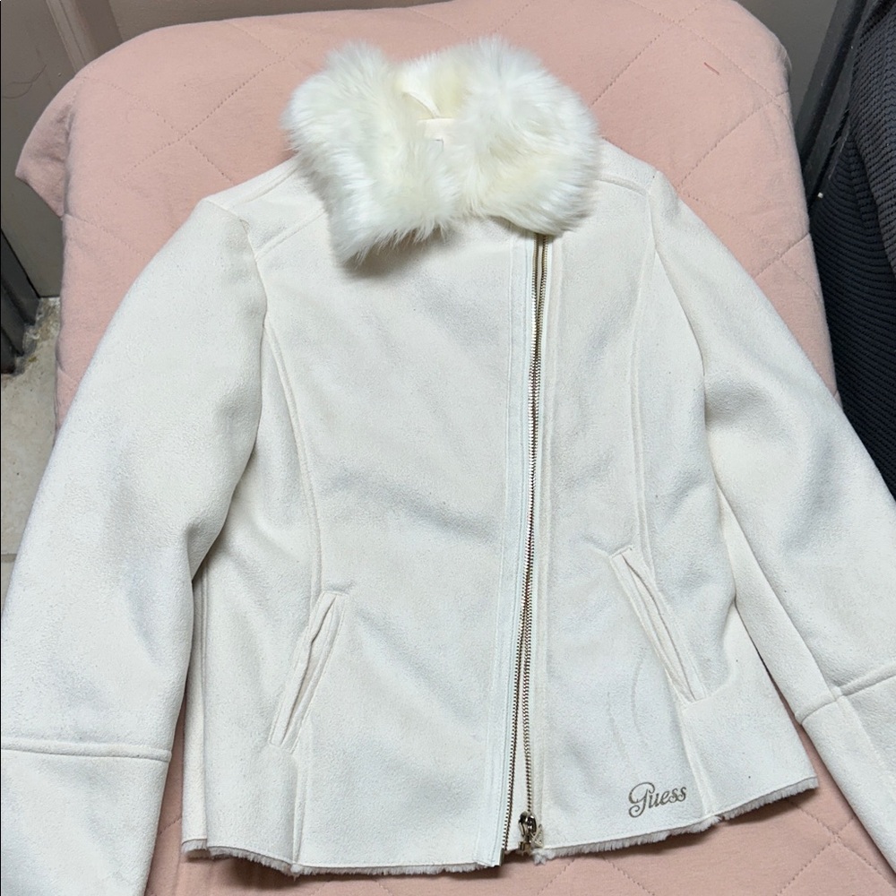 Guess White Faux Fur Collar Coat